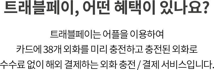 트래블페이, 어떤 혜택이 있나요? 트래블페이는 어플을 이용하여 카드에 38개 외화를 미리 충전하고 충전된 외화로 수수료 없이 해외 결제하는 외화 충전/결제 서비스입니다.